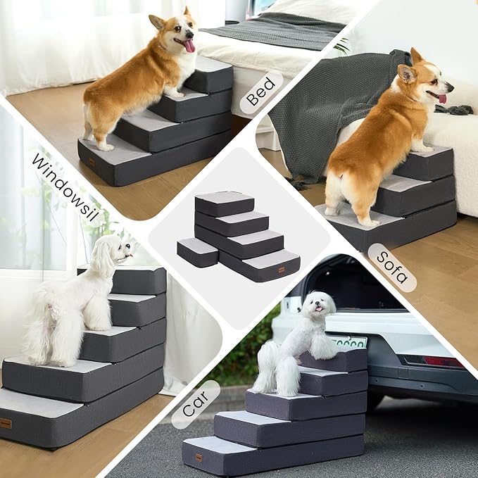 4-Step Adjustable Dog Stairs for Beds, Dog Steps for Small Dogs and Cats, Foldable Pet Stairs for Bed Climbing, Non-Slip Pet Step Indoor, Grey-PurrikoPets