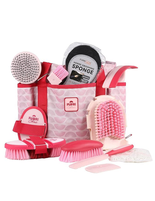 11PCS Horse Grooming Kit Curry Comb Sweat Scraper Horse Bathing Supplies Grooming Tools with Storage Bag Pink Garnet-PurrikoPets