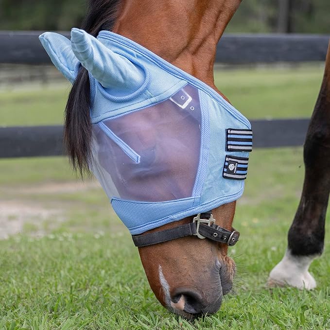 Equinavia Algard Soft Mesh Horse Fly Mask with Ear Protection and 45 UPF Rating | No Eye Irritation & UV Protection - Light Blue - Warmblood-PurrikoPets