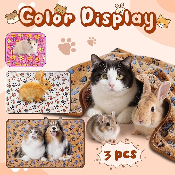 3 Pcs Washable Guinea Pig Blankets Absorbent Small Animal Fleece Bedding Cage Liners Reusable Pet Pee Pad Sleep Mat Pad Cover for Hamster Ferret Rabbit Chinchilla Hedgehog (Multi, Muitisize)-PurrikoPets