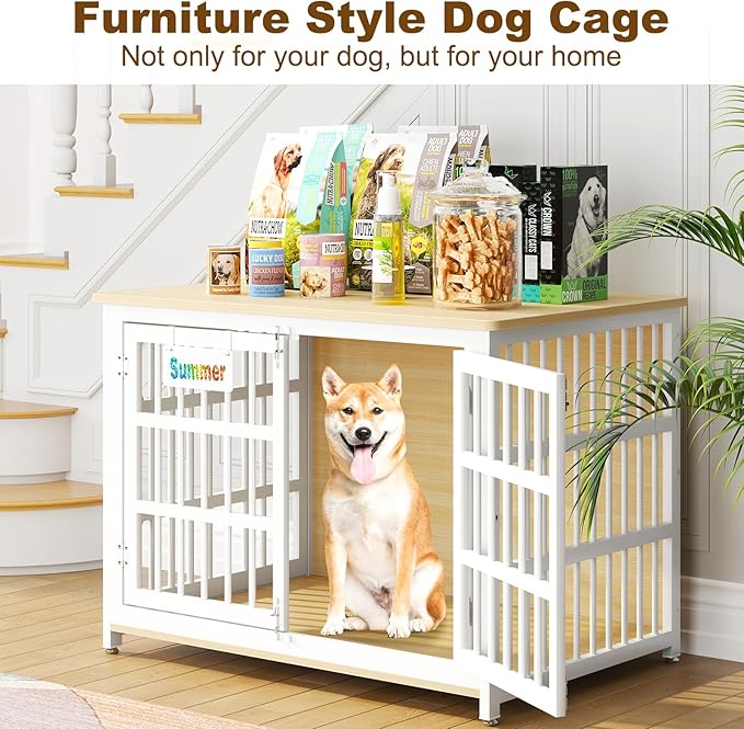 EasyCom Heavy Duty Dog Kennel Indoor with Name Tag, 41" Dog Crate Furniture for Medium Dogs, Double-Doors Sturdy Metal Dog Cage for Anxiety Dog, Decorate House as TV Stand, End Table, Bedside Table-PurrikoPets