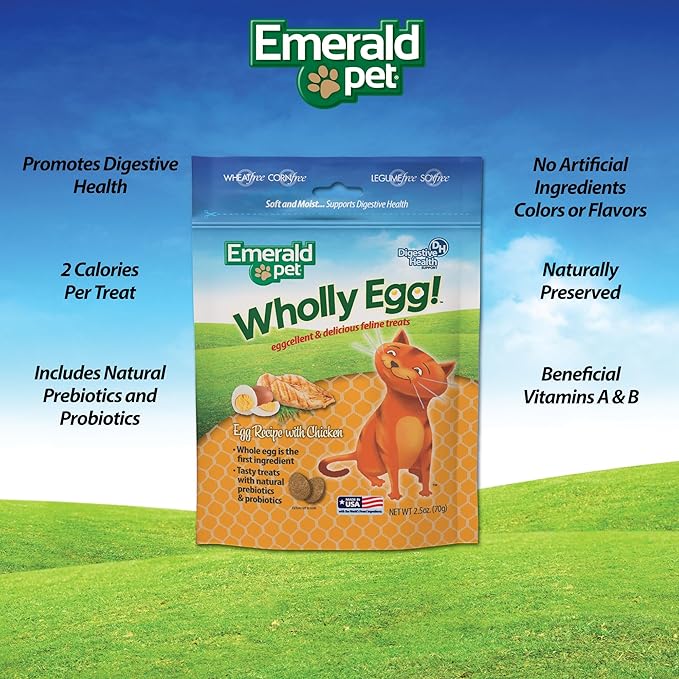 Emerald Pet Wholly Egg Digestive Health Cat Treats - Soft and Moist cat Treats for Healthy Digestion - Natural Prebiotics and Probiotics for cat Digestion - Chicken Treats, 2.5 oz-PurrikoPets