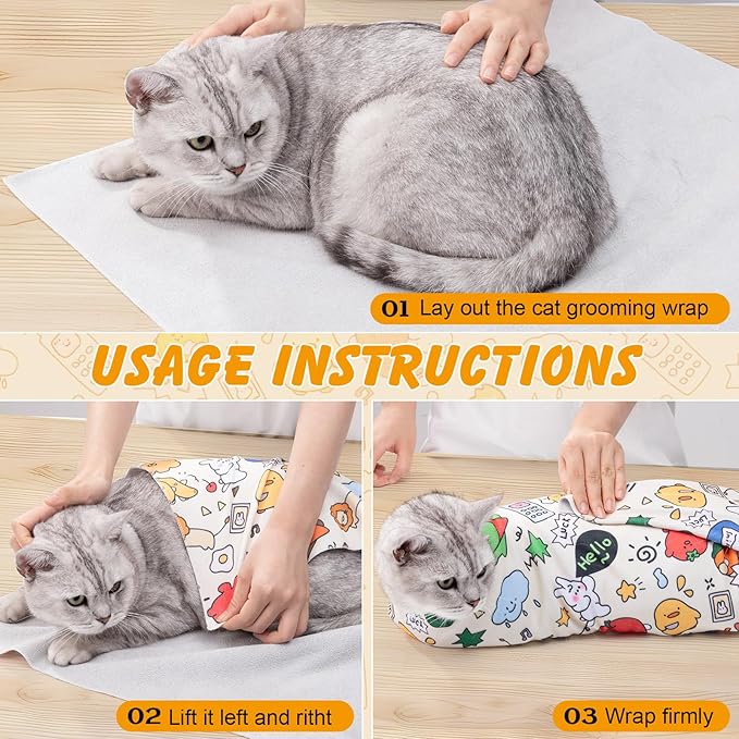 21.7 in Cat Wrap for Cutting Nails, Self-Adhesive Cat Grooming Wrap Anti-Escape Cat Restraint for Nail Clipping Cat Swaddle Wrap Cat Wrapping Cloth for Pet Cleaning and Beauty (Within 6.6 lbs)-PurrikoPets