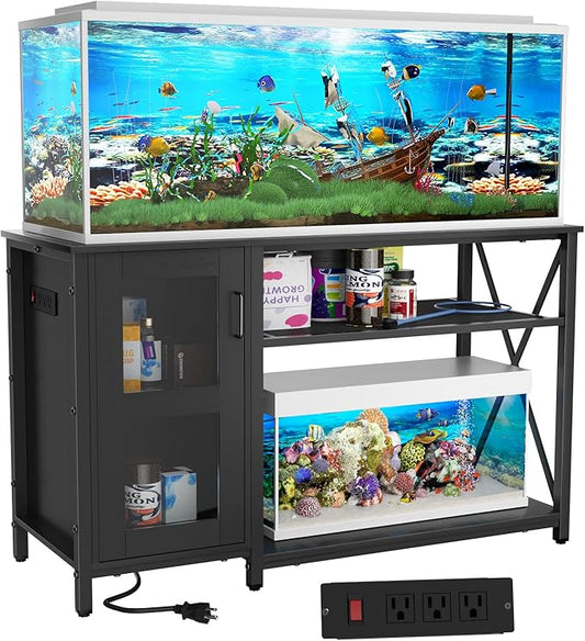 55-75 Gallon Fish Tank Stand , Aquarium Stand with Cabinet & Power Outlets for Fish Tank Accessories Storage, Heavy Duty Metal Terrarium Stand, 52" L*19" W Tabletop, 1200LBS Capacity, Black-PurrikoPets