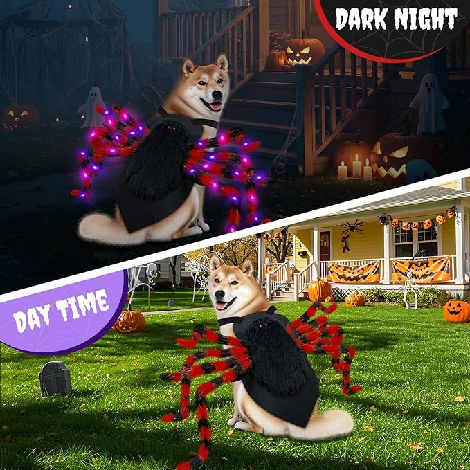 Dog Halloween Costume Large Breed, Furry Dog Spider Costume with 64 LED, Funny Halloween Dogs Costumes for Large Dogs Medium Pet Halloween Party Cosplay (Red)-PurrikoPets