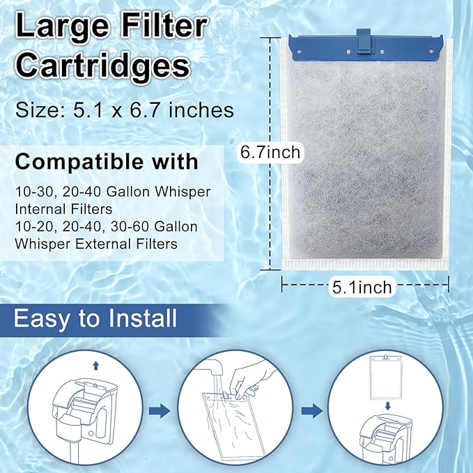 6 Pack Filter Cartridge Compatible with Whisper Bio-Bag Filters, Large Aquarium Filter Cartridges Compatible Replacement with Whisper Filters 20i,40i/IQ20,30,45,60/PF20,30,40,60 and ReptoFilter-PurrikoPets