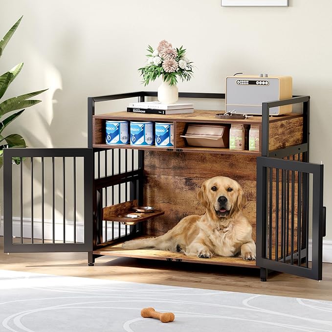 Furniture Style Dog Crate with Storage, 41 Inch Dog Crate Furniture with Double Doors, 2 Stainless Steel Bowls, Dog Crate Furniture-Style Crate for Large/Medium Dog-PurrikoPets