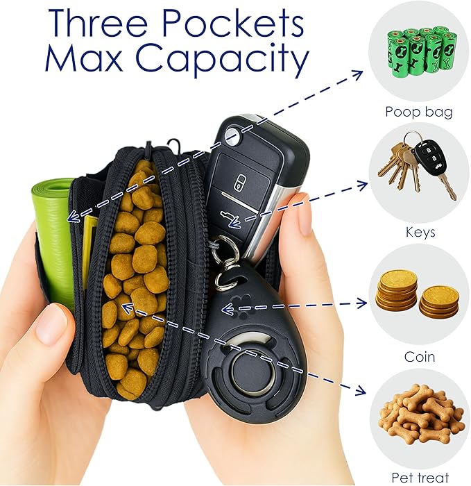 Dog Treat Pouch for Pet Walking and Training with Clicker, Poop Bags, and Three Bags Design Small Fanny Zipper Pack Holder for Puppy Snack Dispenser Kit for Leash and Outdoor Use (Black)-PurrikoPets