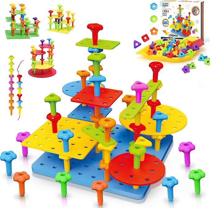 Ggiibro Peg Board Toy set 101Pcs DIY Building Stacking Toys for Kids 3-6 Years Old,STEM Educational Kids Toy for Brain Development,Montessori Sensory Toys,Plastic Lacing String Game-PurrikoPets