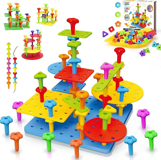 Ggiibro Peg Board Toy set 101Pcs DIY Building Stacking Toys for Kids 3-6 Years Old,STEM Educational Kids Toy for Brain Development,Montessori Sensory Toys,Plastic Lacing String Game-PurrikoPets