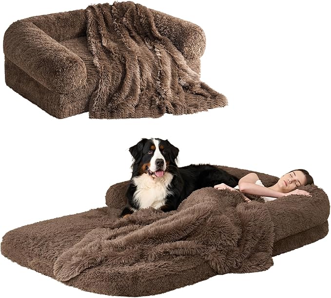 EHEYCIGA Foldable Human Dog Bed, Orthopedic Memory Foam Human Sized Dog Bed, Waterproof Pet Bed for People, Faux Fur Pet Couch for Adult, Brown, 72"x44"x11"-PurrikoPets