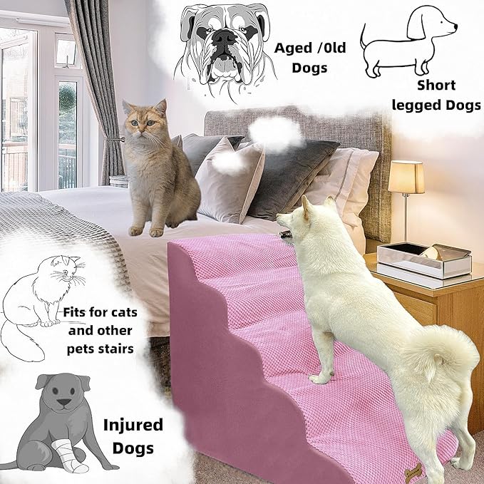 Dog Stairs & Pet Ramp for Small/Large Dogs to High Beds/Couches - 5 Steps 24-inch Height for 18-30 inch Furniture, 2 Washable Covers (Pink, Grey), Non-Slip Balanced 33D Design for Old Dogs & Cats-PurrikoPets