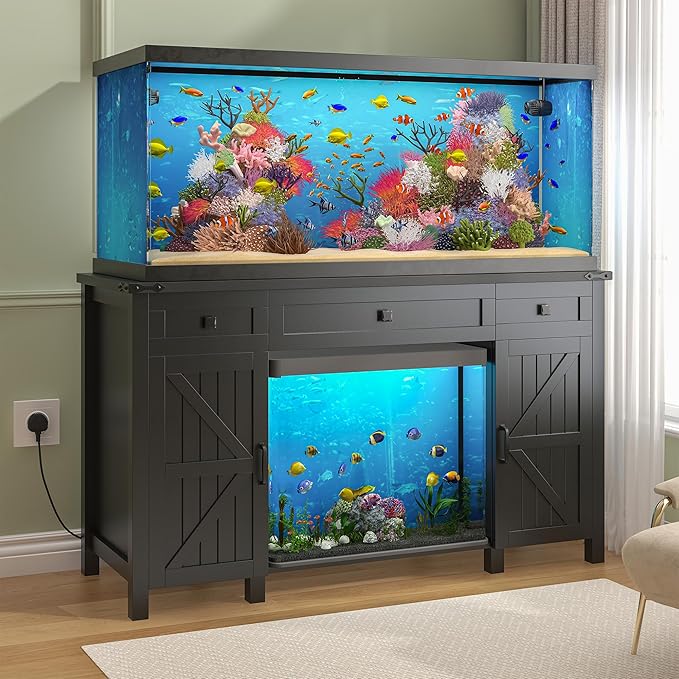 55-75 Gallon Aquarium Stand With Charging Station, Farmhouse Fish Tank Stand, Reptile Tank Stand Terrarium Stand with Drawer and Cabinet Storage, Sturdy Heavy Duty 53.5"×19.7" Tabletop - Black-PurrikoPets