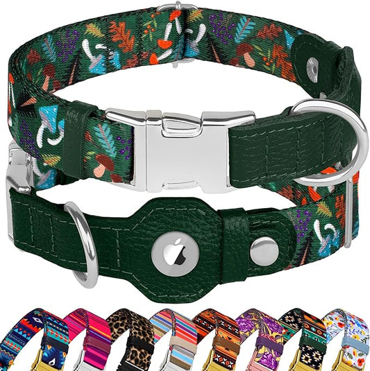 AirTag Dog Collar for Small Medium Large Breed - Adjustable Cute Pattern Dog Collar with Airtag Holder - Soft Leather Tracker GPS Apple Air Tag Pet Collars (X-Small, 9"-12" Neck Fit, Mushroom)-PurrikoPets