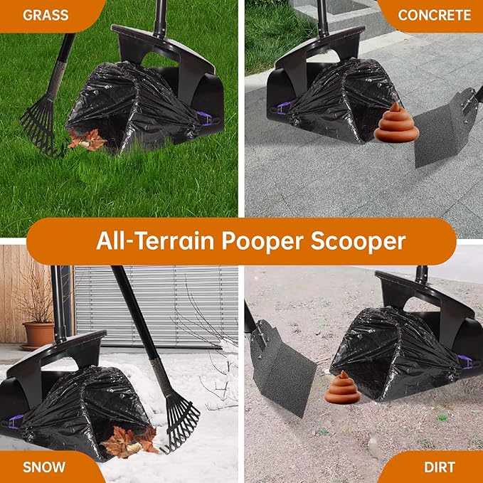 Dog Pooper Scooper with Bags & Dispenser - 37.4" Long Durable Metal Handle Swivel Bin & Rake & Spade Kit, Large Capacity Portable Pooper Scooper for Yards，Easy to Assemble-PurrikoPets