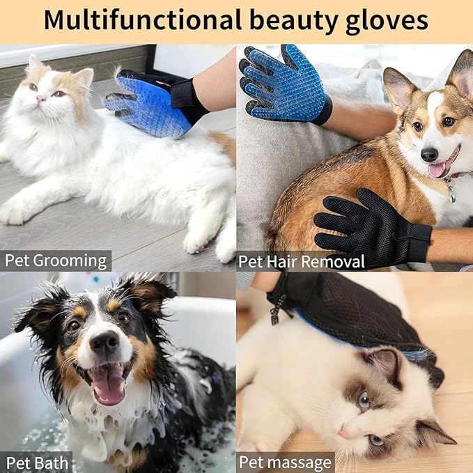 1 Pair [2-in-1] Pet Hair Removal Gloves - Five Finger Massage Design Pet Beauty Gloves, Suitable for pet dogs and cats to prevent hair tanglings(Dark blue)-PurrikoPets