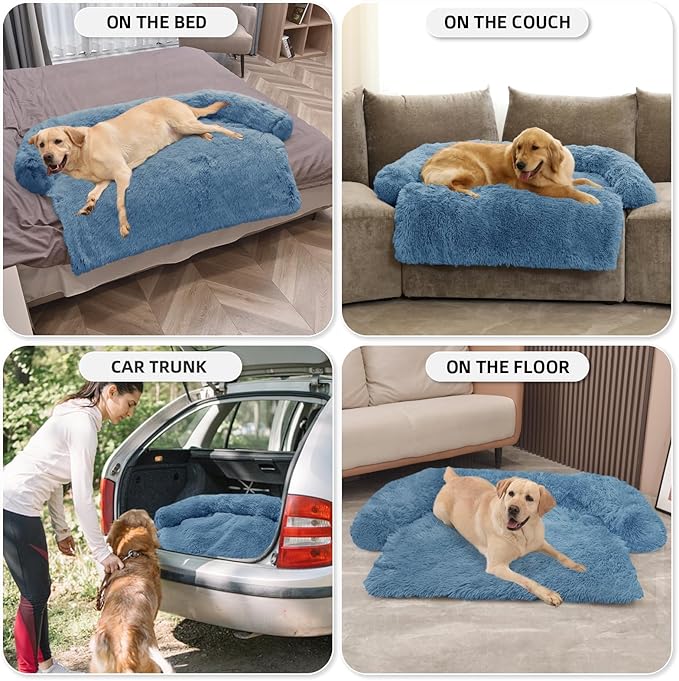 GGIB Calming Dog Bed Fluffy Plush Dog Mat for Furniture Protector with Removable Washable Cover for Large Medium Small Dogs and Cats (Extra Large (53x39.3x6), Navy)-PurrikoPets