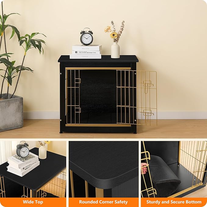DWANTON Dog Crate Furniture with Cushion, Wooden Kennel Table with Double Doors, Indoor Dog House, Small/Medium/Large Size, 27.2" L, Black+Gold-PurrikoPets
