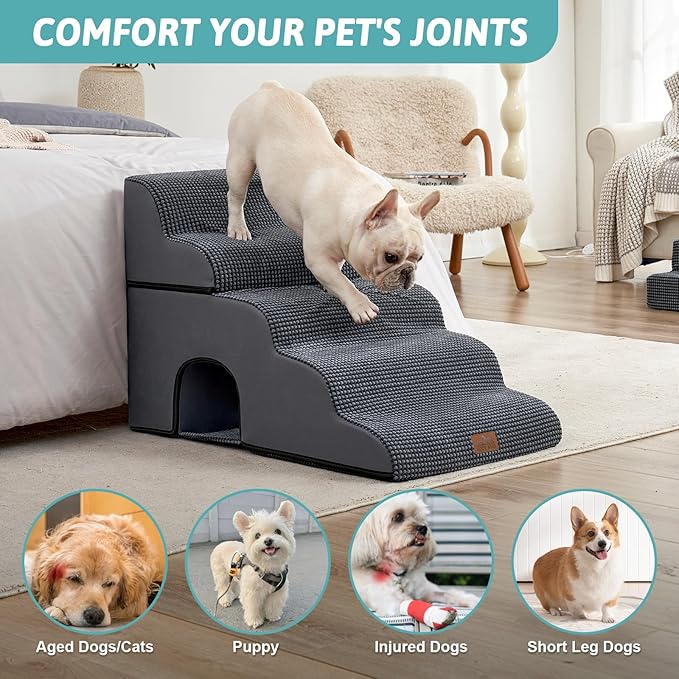 Extra Wide Dog Stairs with Tunnel, Detachable Large Pet Step for Small Medium Dog, Puppy or Cat, Ramp for High Bed, Couch, Sofa or Car, Stable, 19.7x33x22.4 inch, 5 Step, Dark Grey-PurrikoPets