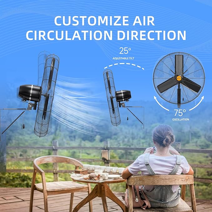 24 inch Outdoor Oscillating Wall Mounted Fan, High Velocity IPX4 Waterproof 7600 CFM Industrial Metal Wall Fan, 2 Speed, Adjustable Tilt, for Greenhouse, Patio, Garage, Workshop-PurrikoPets