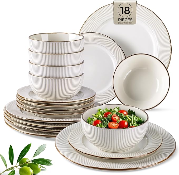 GBHOME Ceramic Dinnerware Sets,18 pcs Embossed Elegant Stoneware Plates and Bowls Sets, Housewarming Wedding Gift | Dishwasher & Microwave Safe | Dishes Set Service for 6-PurrikoPets