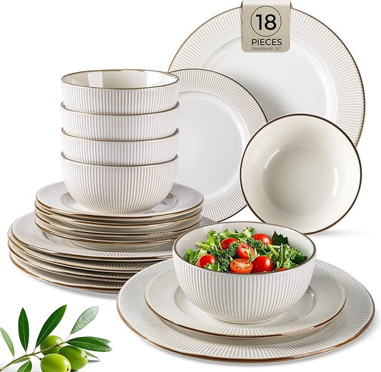 GBHOME Ceramic Dinnerware Sets,18 pcs Embossed Elegant Stoneware Plates and Bowls Sets, Housewarming Wedding Gift | Dishwasher & Microwave Safe | Dishes Set Service for 6-PurrikoPets