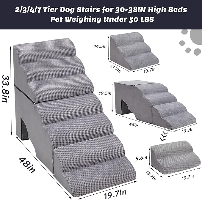 Dog Stair Steps for High Beds 36 inches Tall, 33D Foam Dog Ramp for Bed 32 inches, 7-Step Pet Stair Steps for Small Large Dogs for Bed Climbing, Non-Slip Dog Steps for Older Dogs/Cats, Grey-PurrikoPets
