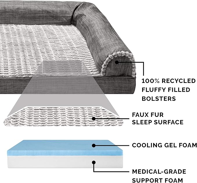 Furhaven Cooling Gel Dog Bed for Large Dogs w/ Removable Bolsters & Washable Cover, For Dogs Up to 95 lbs - Luxe Faux Fur & Performance Linen Sofa - Charcoal, Jumbo/XL-PurrikoPets