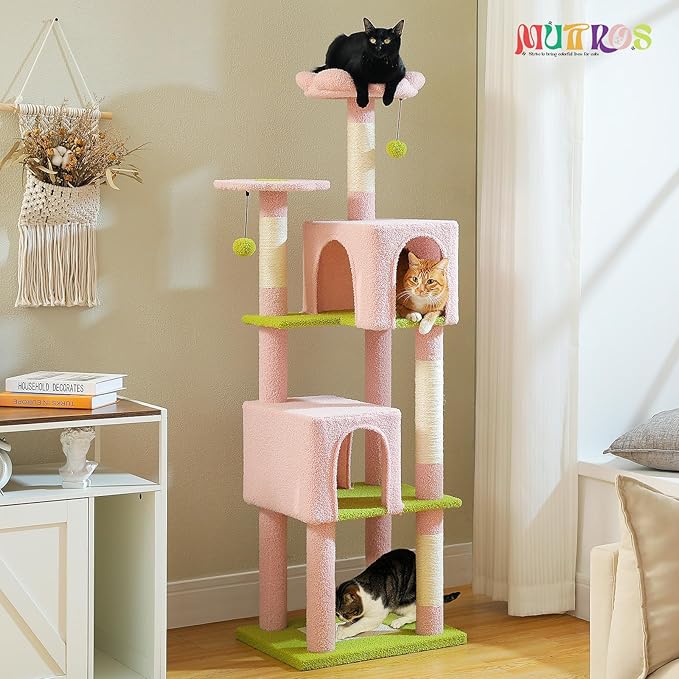 Flower Cat Tree, 62-Inch Large Cat Tower for Multi-Cat Households w/Scratching Posts, Multi-Level Cat Condo w/Cozy Top Perch & Scratching Pad, Padded Platform, 2 Pompoms, Pink-PurrikoPets