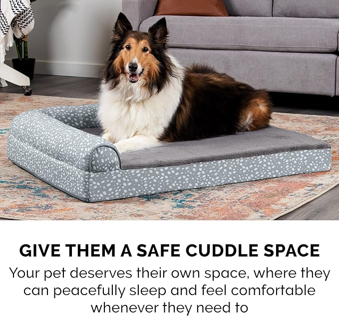 Furhaven Cooling Gel Dog Bed for Large Dogs w/ Removable Bolsters & Washable Cover, For Dogs Up to 125 lbs - Plush & Almond Print L Shaped Chaise - Gray Almonds, Jumbo Plus/XXL-PurrikoPets