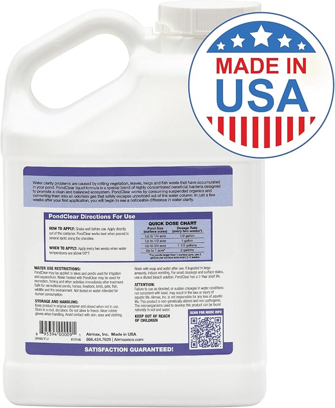Airmax PondClear Liquid Bacteria for Lakes, Ponds & Water Garden Treatments, Natural Bio Clarifier & Cleaner for Crystal Clear Water, Remove Nutrients & Noxious Odor, Fish, Pet & Plant Safe, 1 Gallon-PurrikoPets