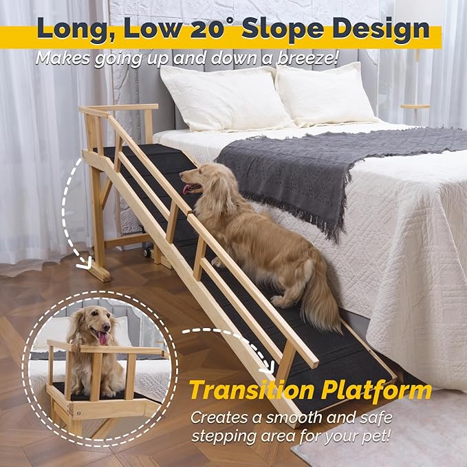 Dog Ramp for Bed or Couch, Wooden Pet Ramp with 20° Gentle Slope, Removable Side Rails, Non-Slip Surface, Top Platform & Wheels, Safe Bed Ramp for Small, Medium & Senior Dogs, 74" Long, Natural-PurrikoPets