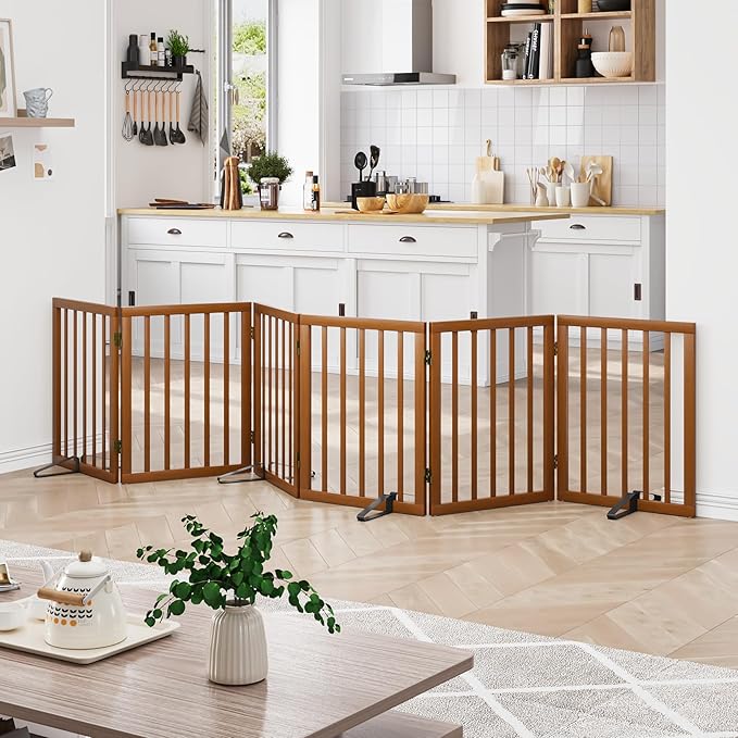 Freestanding Pet Gate Foldable Dog Gate (110 inches Wide) Walnut Bamboo Dog Gates for Stair Doorways House Puppy Fences Indoor (4 Support Feet Included)-PurrikoPets
