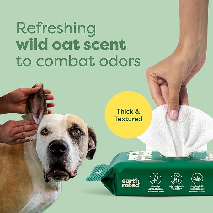 Earth Rated Vet-Developed Pet Ear Wipes, Hypoallergenic Cleaner for Dogs & Cats Ears to Remove Dirt and Wax Build Up, Wild Oat Scent, 70 Count-PurrikoPets