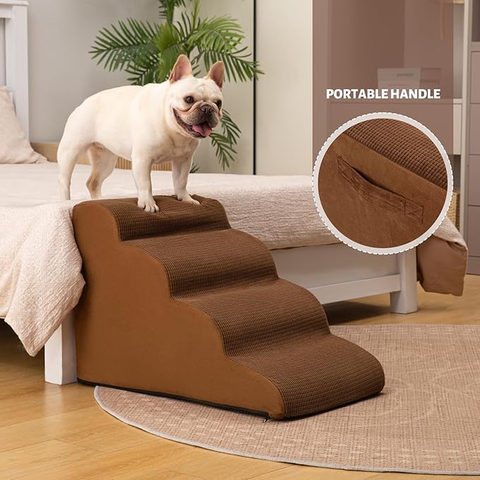 4-Step Dog Stairs and Ramp for Beds or Couches – Non-Slip Sturdy Pet Steps for Small Dogs and Cats,17.4" H,Brown-PurrikoPets