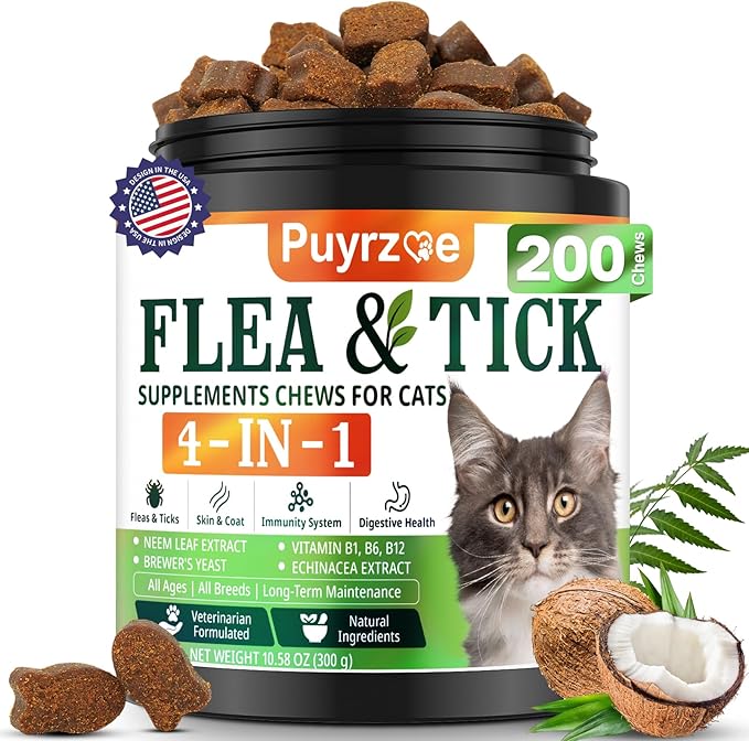 4-in-1 Flea Treatment for Cats Chewable, Natural Cat Flea and Tick Prevention Chewable Supplement for Skin & Coat | Immunity Support | Digestive | Flea & Tick Treatment for All Breeds & Sizes-PurrikoPets