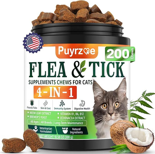 4-in-1 Flea Treatment for Cats Chewable, Natural Cat Flea and Tick Prevention Chewable Supplement for Skin & Coat | Immunity Support | Digestive | Flea & Tick Treatment for All Breeds & Sizes-PurrikoPets