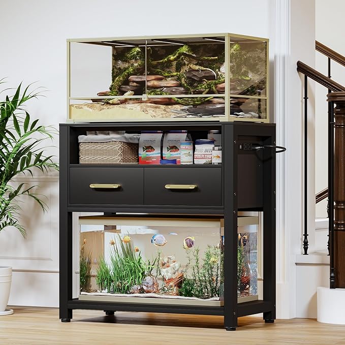 20-29 Gallon Aquarium Stand with Power Outlet & 2 Storage Drawers, Heavy Duty Metal Frame Fish Tank Stand with Waterproof Mat, 30.7" L*15.7" W Tabletop, 550LBS Capacity, Black-PurrikoPets