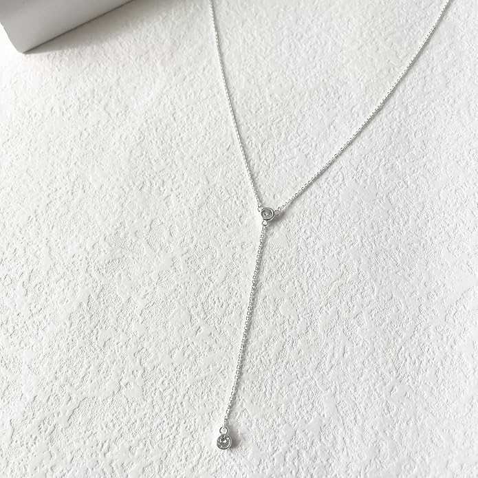 Lariat Silver/Gold Necklace for Women 925 Silver/14K Gold Plated Dainty Long Necklace Y-Shaped Drop Pendant Necklaces Choker Trendy Chain Simple Layered Necklaces CZ Jewelry for Women Set Gift