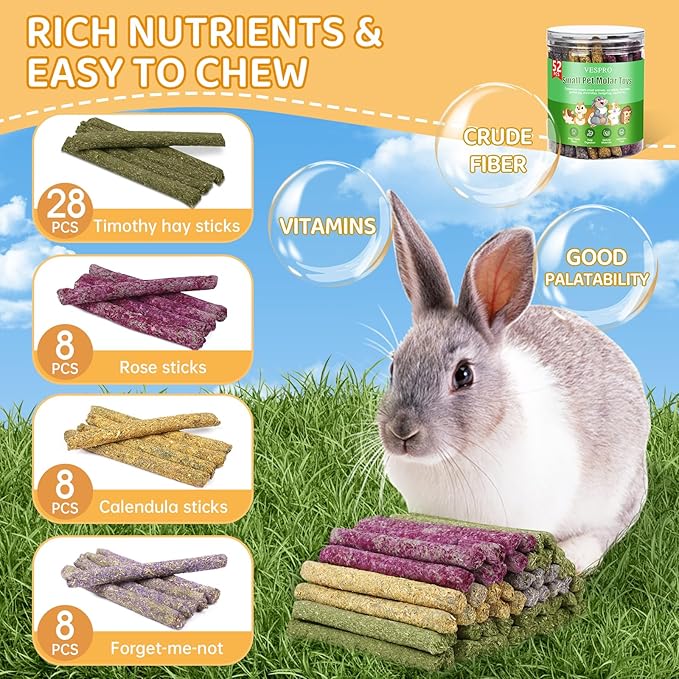52Pcs Rabbit Chew Sticks, Guinea Pig Toys, Natural Timothy Grass Molar Teeth Stick, Mixing Flowers, Roses, Calendula and Forget Me Not, Small Animals Treats-PurrikoPets