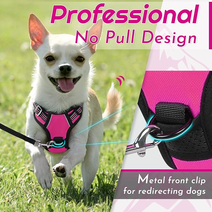 Eagloo Small Dog Harness No Pull, Service Vest with Reflective Strips and Control Handle, Adjustable and Comfortable for Easy Walking, No Choke Pet Harness with 2 Metal Rings, Rose Red, XS-PurrikoPets