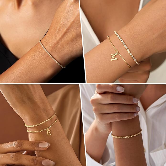 Valentines Day Gifts for Her Kids - Dainty Gold Bracelets for Women Personalized Gold/Silver Initial Bracelet Stack Stackable Rope Box Chain Tennis Bracelets for Girls Jewelry Set