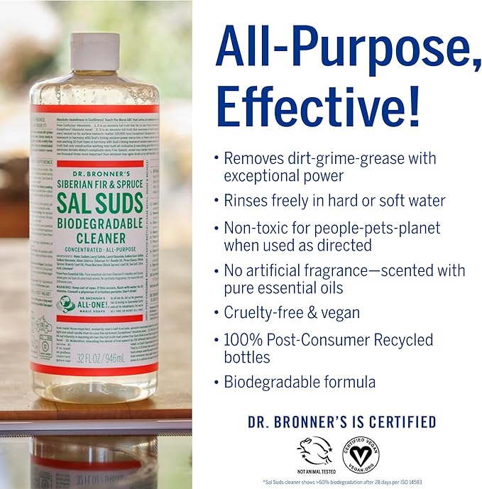 Dr. Bronner's - Sal Suds Biodegradable Cleaner (1 Gallon) - All-Purpose, Pine Cleaner for Floors, Laundry and Dishes, Concentrated, Cuts Grease and Dirt, Powerful Formula-PurrikoPets