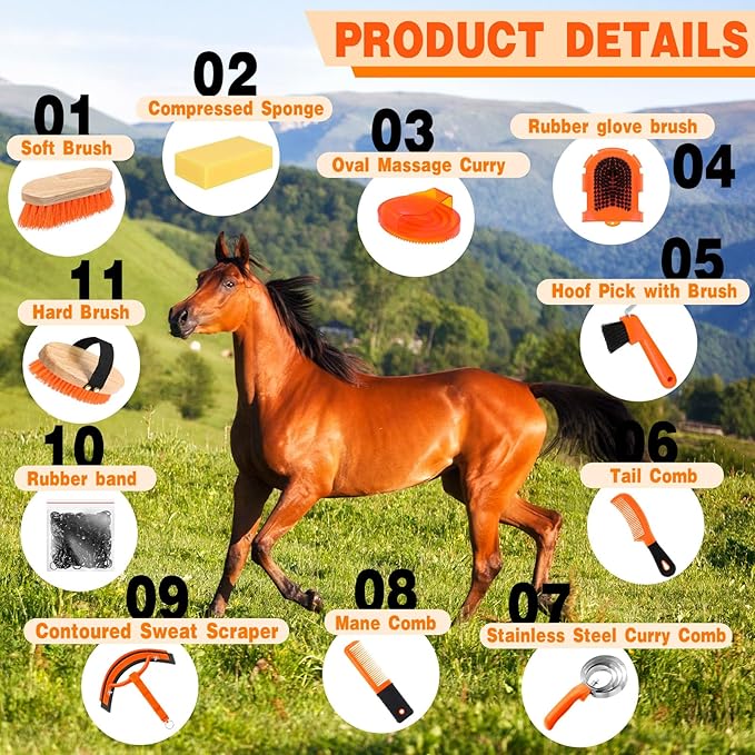 Abbylike 12 Pieces Horse Grooming Kit Racing Festival Tack Room Supplies Horse Brush Sets Equine Care Cleaning Kit Shedding Grooming Massaging Tools(Orange)-PurrikoPets