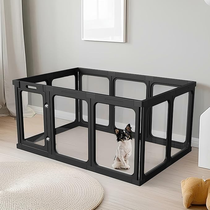 Acrylic Clear Dog Play Pen Indoor, Plastic Puppy Playpen with Door, Clear PlayPen for Dog Cat Rabbit Ferret, Easy Assemble Pen, Preferable Small Cage, 23.6" H, 10PCS, Black-PurrikoPets