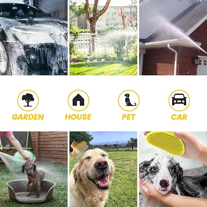 Dog Wash Hose Attachment, 10-in-1 Spray Mode Pet Shower Soap Sprayer with Grooming Comb Rubber Brush, Hose Nozzle with 100cc Soap Dispenser, for Watering, Car Wash, Dog and Horse Showering (Yellow)-PurrikoPets