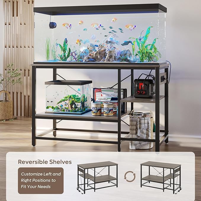 55 Gallon Fish Tank Stand with Charging Station, 49.2x13.8 Metal Aquarium Stand with 3-Tiers Adjustable Storage Shelves, 6-Legs Reptile Terrarium Stand, 700 LBs-PurrikoPets