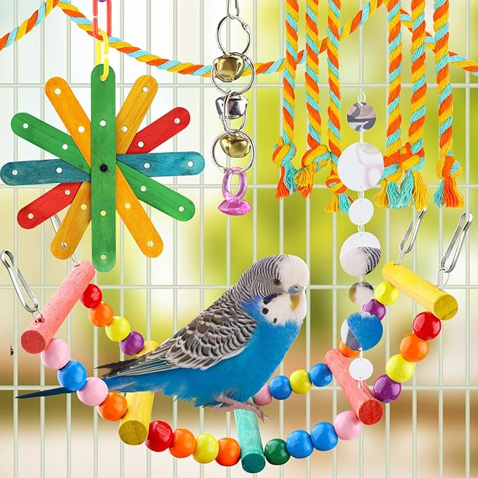 8 pcs Bird Toys for Parakeets with Colorful Ladder Hammock Bird Cage Accessories Bird Perch Stand Chewing Toys Hanging Bell Parrot-PurrikoPets