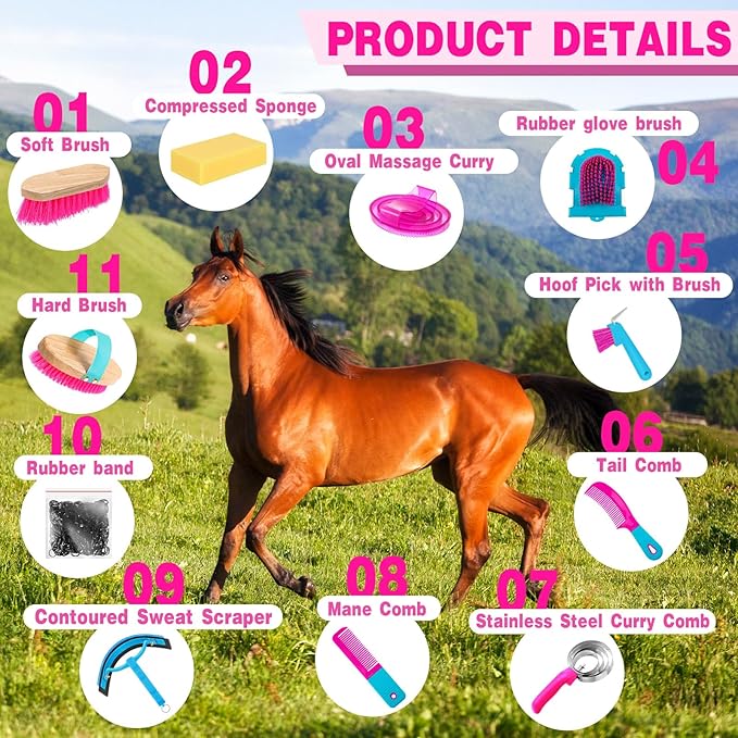 Abbylike 12 Pieces Horse Grooming Kit Racing Festival Tack Room Supplies Horse Brush Sets Equine Care Cleaning Kit Shedding Grooming Massaging Tools(Rose Red)-PurrikoPets