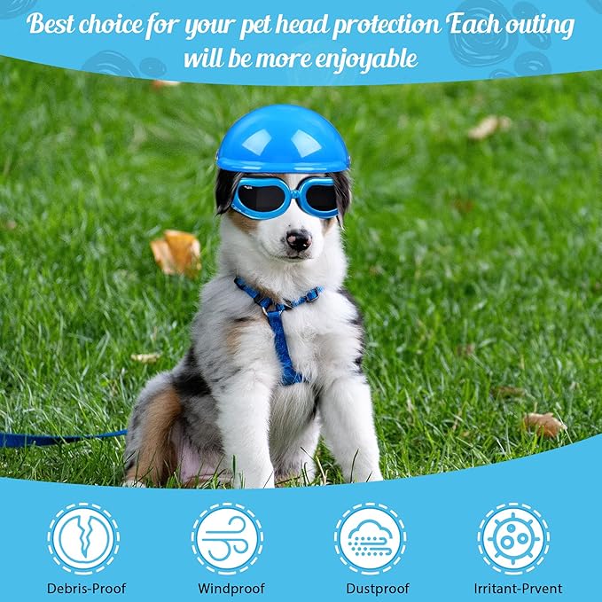 Frienda Dog Helmet and Goggles, UV Protection Doggy Sunglasses and 4 Inch Padded Puppy Motorcycle Helmet Adorable Dog Goggles with Adjustable Belt for Small Dogs Puppy Riding(Blue,S)-PurrikoPets